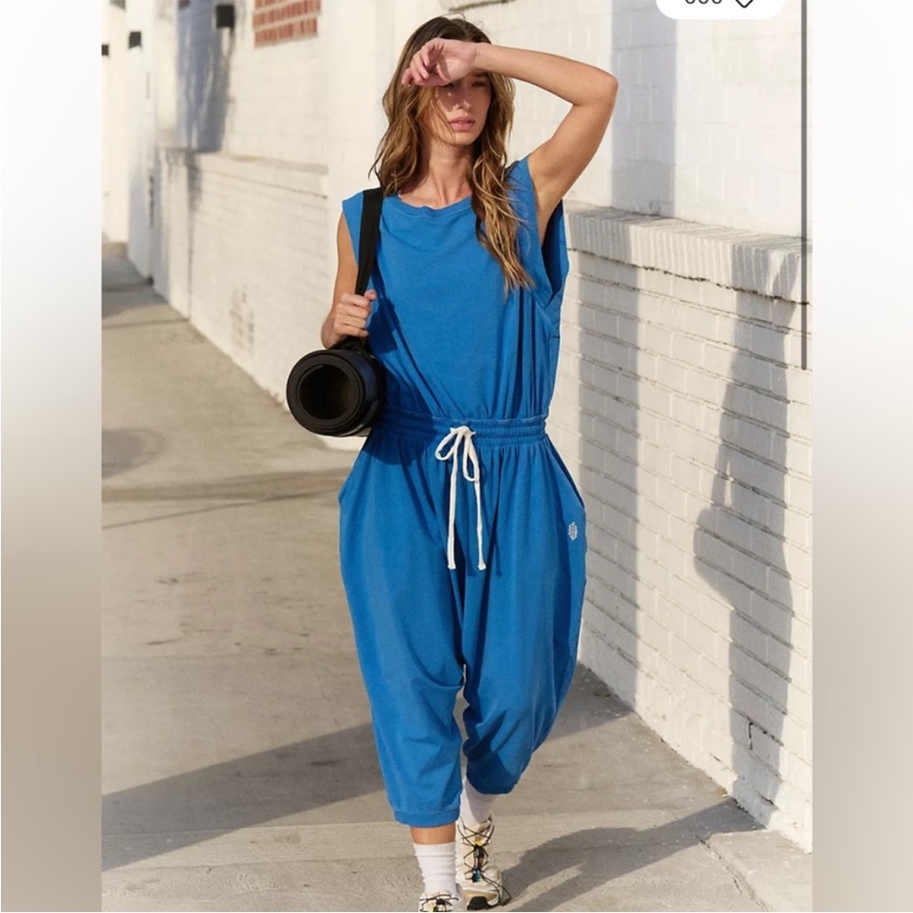 Free People Hot Shot Harem Onesie Blue Small NWT
